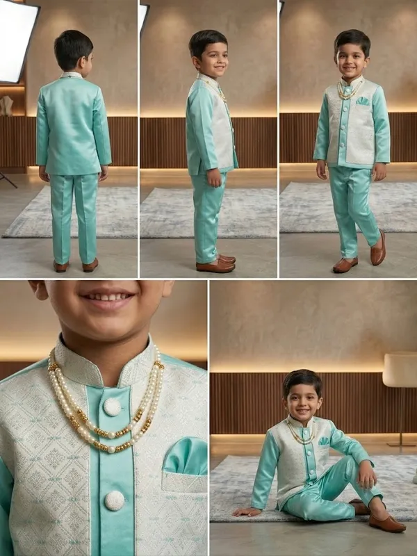 Green_White_Indo_Western_Set_For_Boys_With_Beaded_Necklace_(Mala)