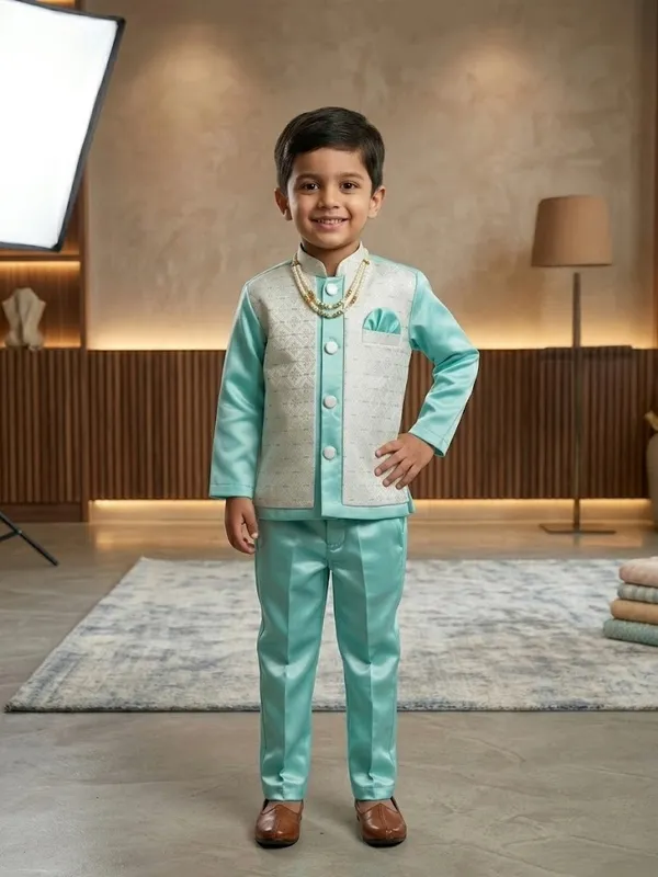 Green_White_Indo_Western_Set_For_Boys_With_Beaded_Necklace_(Mala)