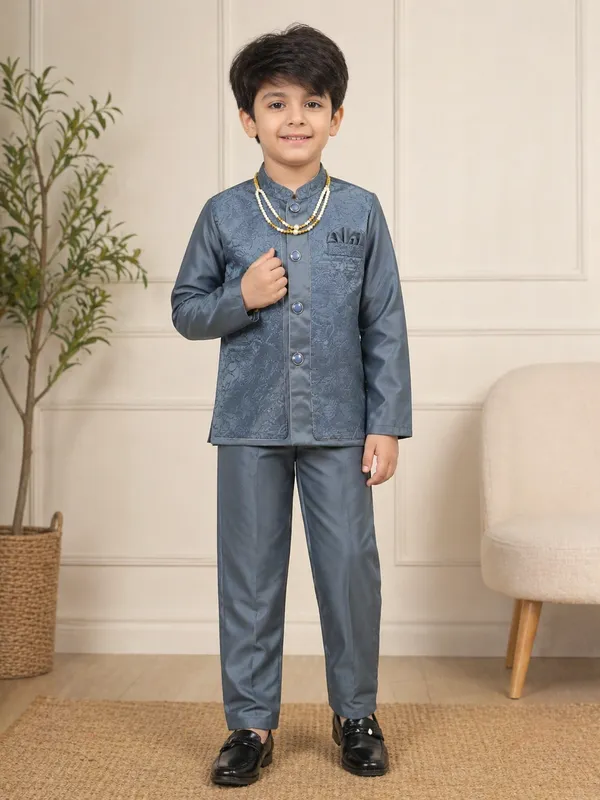Grey_Indo_Western_Set_For_Boys_With_Beaded_Necklace_(Mala)