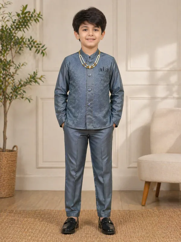 Grey_Indo_Western_Set_For_Boys_With_Beaded_Necklace_(Mala)