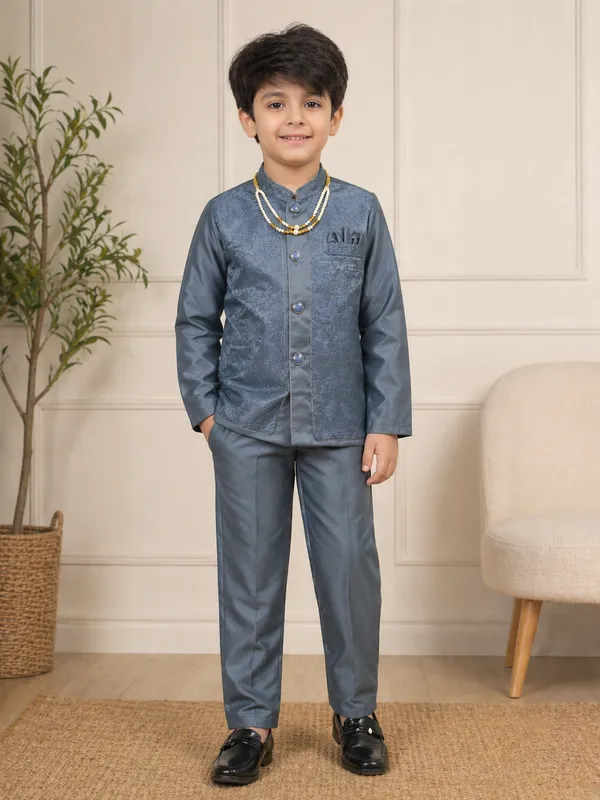 Grey_Indo_Western_Set_For_Boys_With_Beaded_Necklace_(Mala)