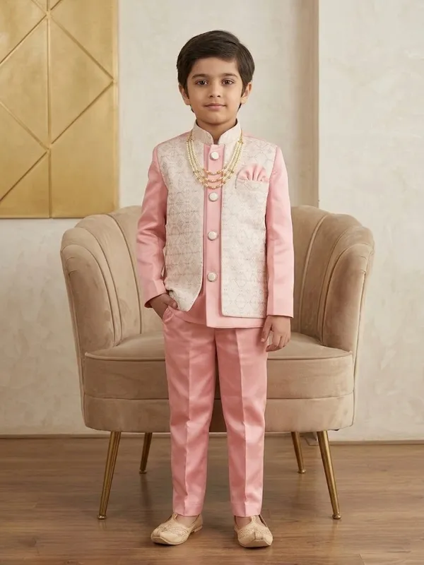 Pink_White_Indo_Western_Set_For_Boys_With_Breaded_Necklace_(Mala)
