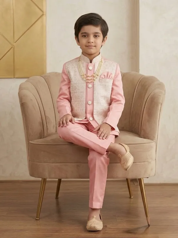 Pink_White_Indo_Western_Set_For_Boys_With_Breaded_Necklace_(Mala)