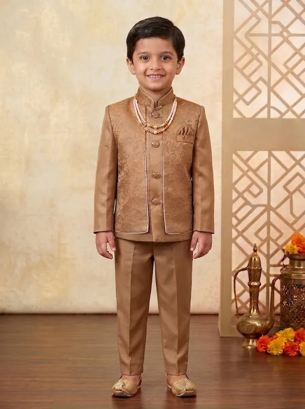 Sandy_Brown_Indo_Western_Set_For_Boys_With_Beaded_Necklace_(Mala)