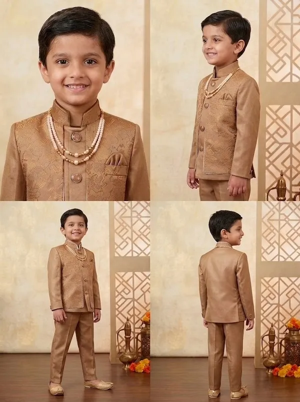Sandy_Brown_Indo_Western_Set_For_Boys_With_Beaded_Necklace_(Mala)
