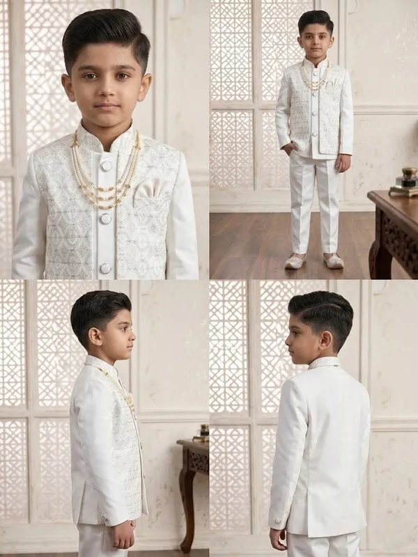 White_Indo_Western_Set_For_Boys_With_Beaded_Necklace_(Mala)
