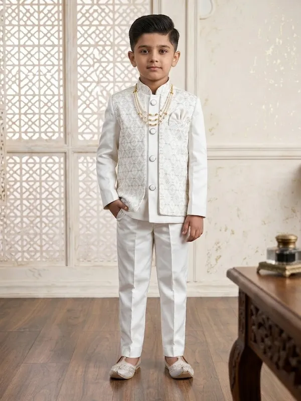White_Indo_Western_Set_For_Boys_With_Beaded_Necklace_(Mala)