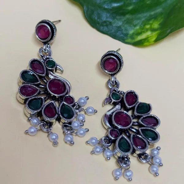 Red_And_Green_Traditional_Classic_Stylish_Oxidized_Peacock_Kundan_Dropping_Stud_Earrings_For_Women
