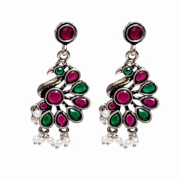 Red_And_Green_Traditional_Classic_Stylish_Oxidized_Peacock_Kundan_Dropping_Stud_Earrings_For_Women