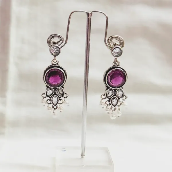 Purple_And_Silver_Traditional_Classic_Stylish_Oxidized_Kundan_Pearl_Dropping_Stud_Earrings_For_Women