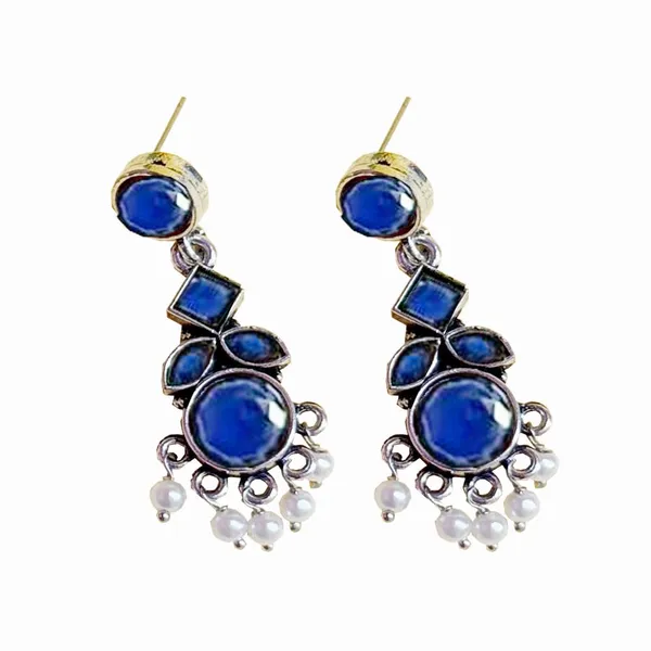 Blue_Traditional_Classic_Stylish_Oxidized_Kundan_Pearl_Dropping_Stud_Earrings_For_Women