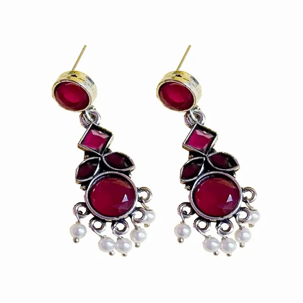 Red_Traditional_Classic_Stylish_Oxidized_Kundan_Pearl_Dropping_Stud_Earrings_For_Women