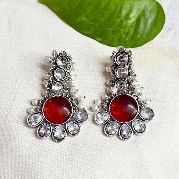 Red_And_Silver_Traditional_Classic_Stylish_Oxidized_Kundan_Pearl_Dropping_Stud_Earrings_For_Women