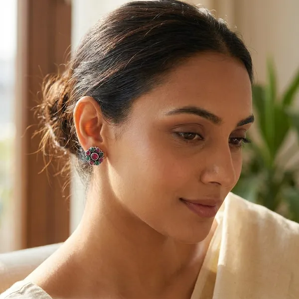 Green_And_Pink_Traditional_Classic_Stylish_Oxidized_Kundan_Stone_Stud_Earrings_For_Women