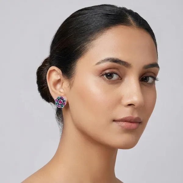 Green_And_Pink_Traditional_Classic_Stylish_Oxidized_Kundan_Stone_Stud_Earrings_For_Women