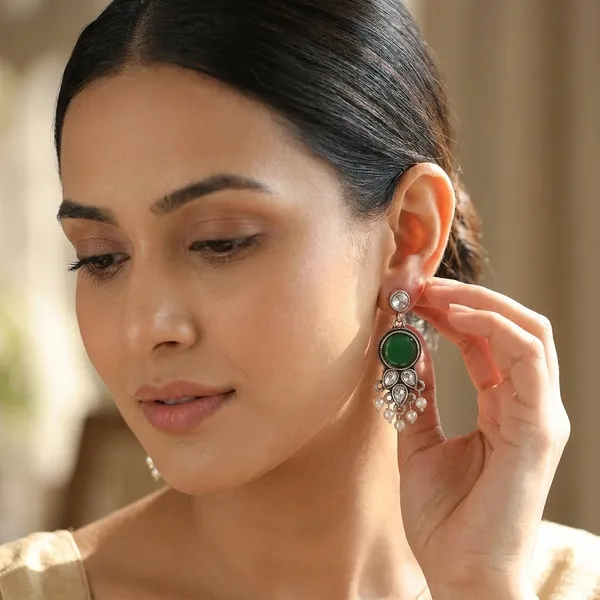 Green_And_Silver_Traditional_Classic_Stylish_Oxidized_Kundan_Dropping_Stud_Earrings_For_Women