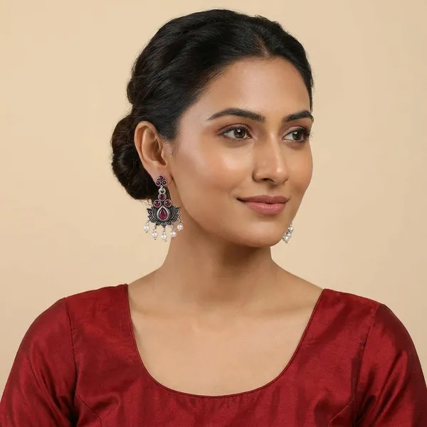 Pink_And_Black_Traditional_Classic_Stylish_Oxidized_Kundan_Dropping_Stud_Earrings_For_Women