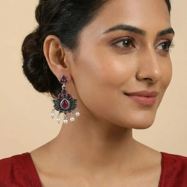 Pink_And_Black_Traditional_Classic_Stylish_Oxidized_Kundan_Dropping_Stud_Earrings_For_Women