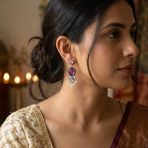 Purple_And_Silver_Traditional_Classic_Stylish_Oxidized_Kundan_Pearl_Dropping_Stud_Earrings_For_Women