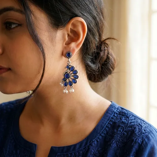 Blue_Traditional_Classic_Stylish_Oxidized_Peacock_Kundan_Dropping_Stud_Earrings_For_Women