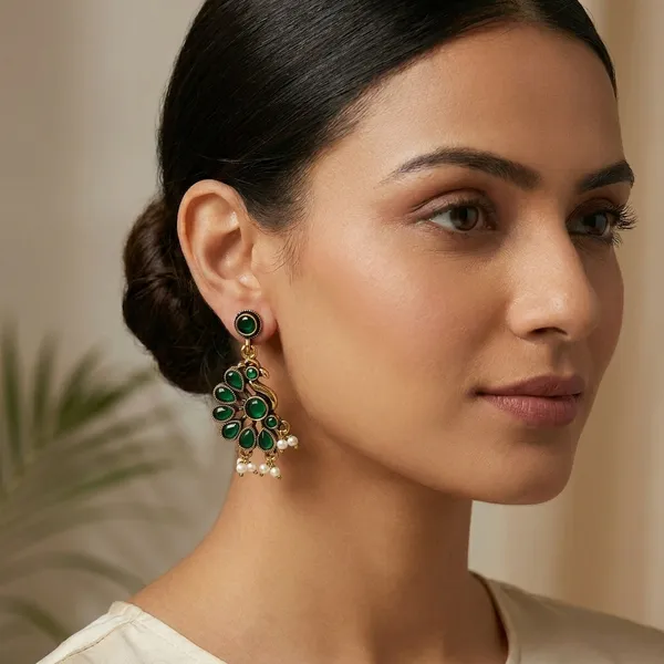 Green_And_Gold_Traditional_Classic_Stylish_Oxidized_Green_Peacock_Kundan_Pearl_Dropping_Stud_Earrings_For_Women