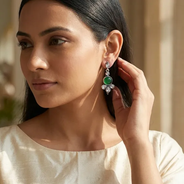 Green_And_Silver_Traditional_Classic_Stylish_Oxidized_Kundan_Pearl_Dropping_Stud_Earrings_For_Women