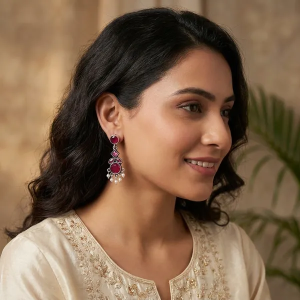 Red_Traditional_Classic_Stylish_Oxidized_Kundan_Pearl_Dropping_Stud_Earrings_For_Women