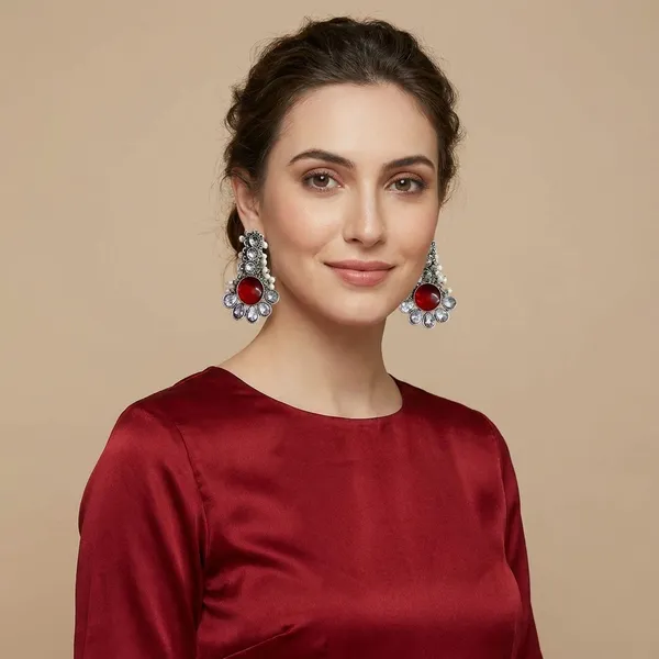 Red_And_Silver_Traditional_Classic_Stylish_Oxidized_Kundan_Pearl_Dropping_Stud_Earrings_For_Women