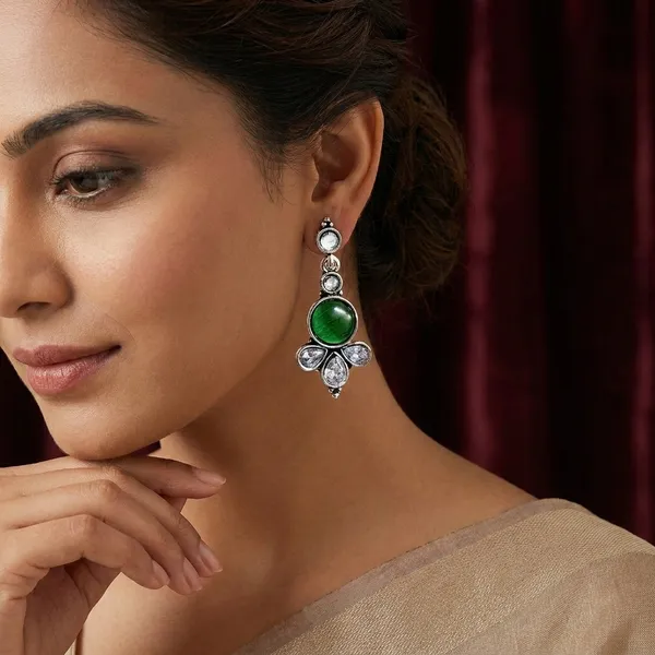 Green_And_Clear_Green_Stone_Oxidized_Kundan_Earrings_For_For_Women