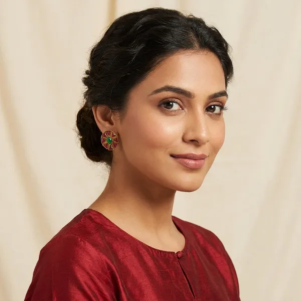 Red_And_Green_Traditional_Classic_Stylish_Oxidized_Kundan_Stud_Earrings_For_Women