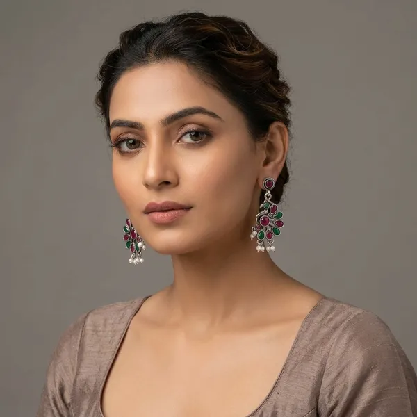 Red_And_Green_Traditional_Classic_Stylish_Oxidized_Peacock_Kundan_Dropping_Stud_Earrings_For_Women
