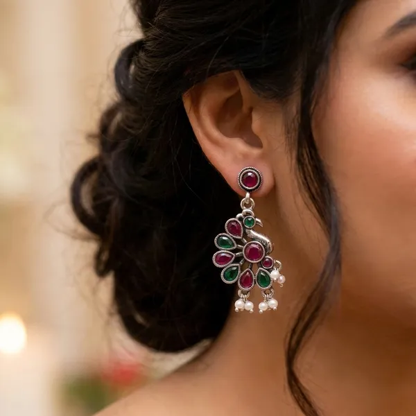 Red_And_Green_Traditional_Classic_Stylish_Oxidized_Peacock_Kundan_Dropping_Stud_Earrings_For_Women