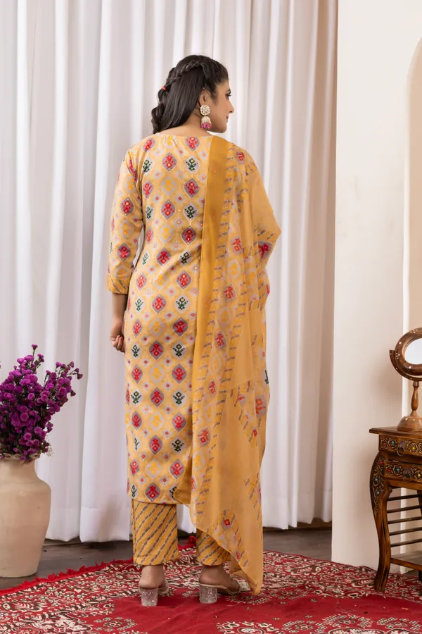 Mustard_Yellow_Cotton_Printed_Embroidered_Yoke_Kurta_Set_For_Women