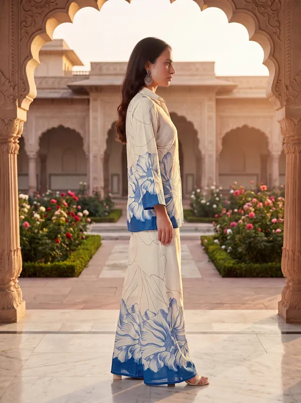 White_Blue_Cotton_Floral_Print_Shirt_Palazzo_Co-Ord_Set_For_Women