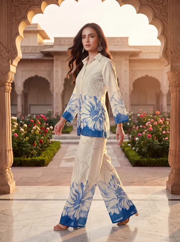 White_Blue_Cotton_Floral_Print_Shirt_Palazzo_Co-Ord_Set_For_Women