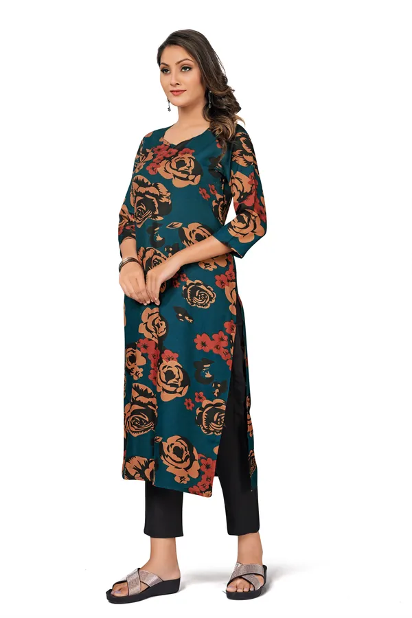 Teal_Cotton_Straight_Floral_Printed_Kurta_Black_Pant_Set_For_Women