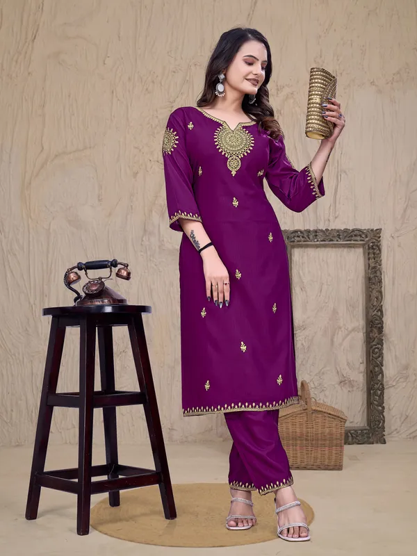 Purple_Rayon_Straight_Golden_Thread_Work_Embroidered_Kurta_Set_For_Women