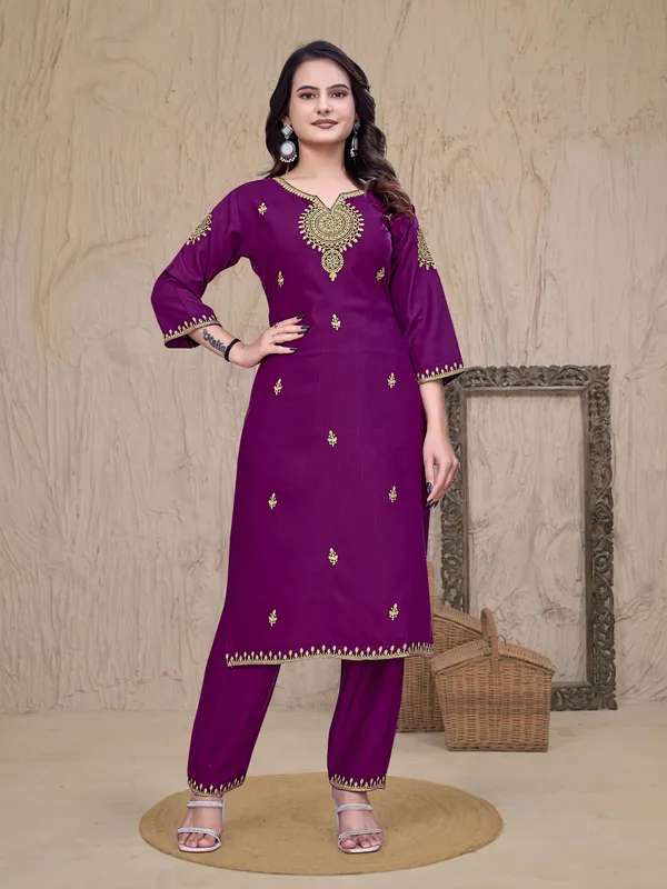 Purple_Rayon_Straight_Golden_Thread_Work_Embroidered_Kurta_Set_For_Women