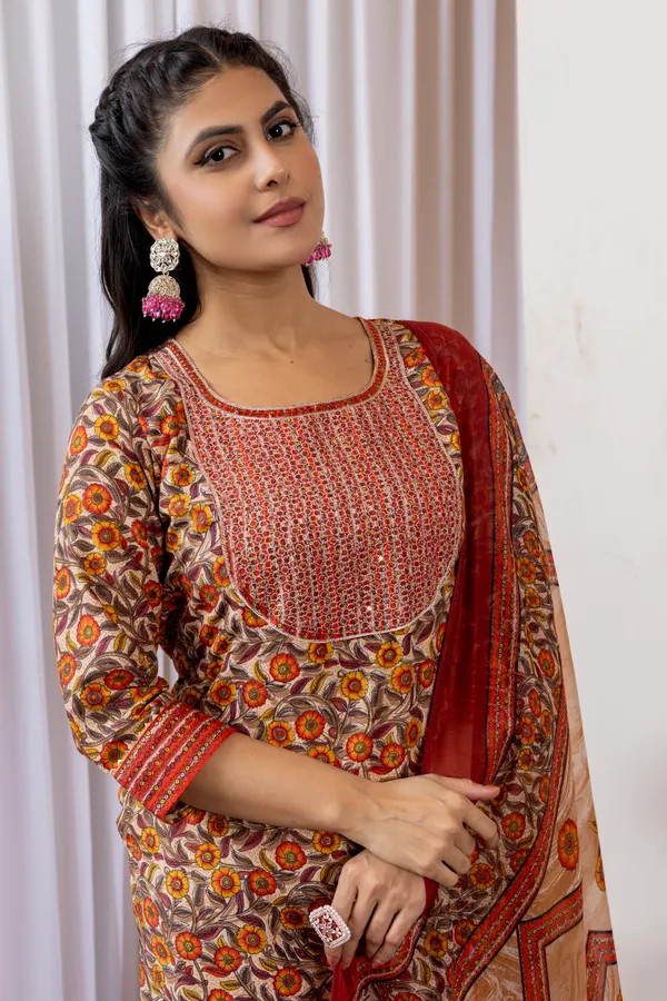 Orange_Cotton_Printed_Embroidered_Yoke_Kurta_Set_With_Dupatta_For_Women