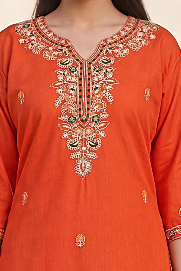 Orange_Rayon_Straight_Zari_Embroidered_Kurta_Pant_Set_For_Women
