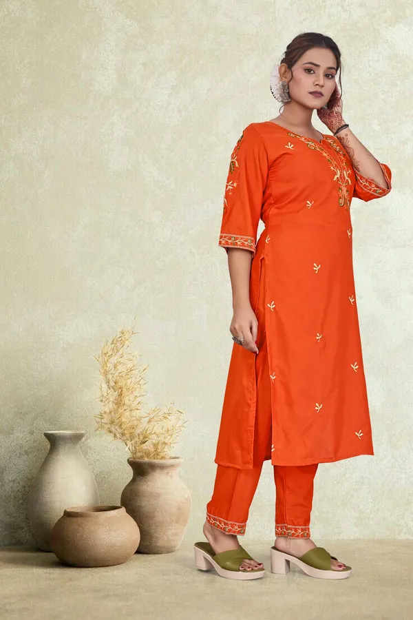 Orange_Cotton_Straight_Floral_Embroidered_Kurta_Pant_Set_For_Women
