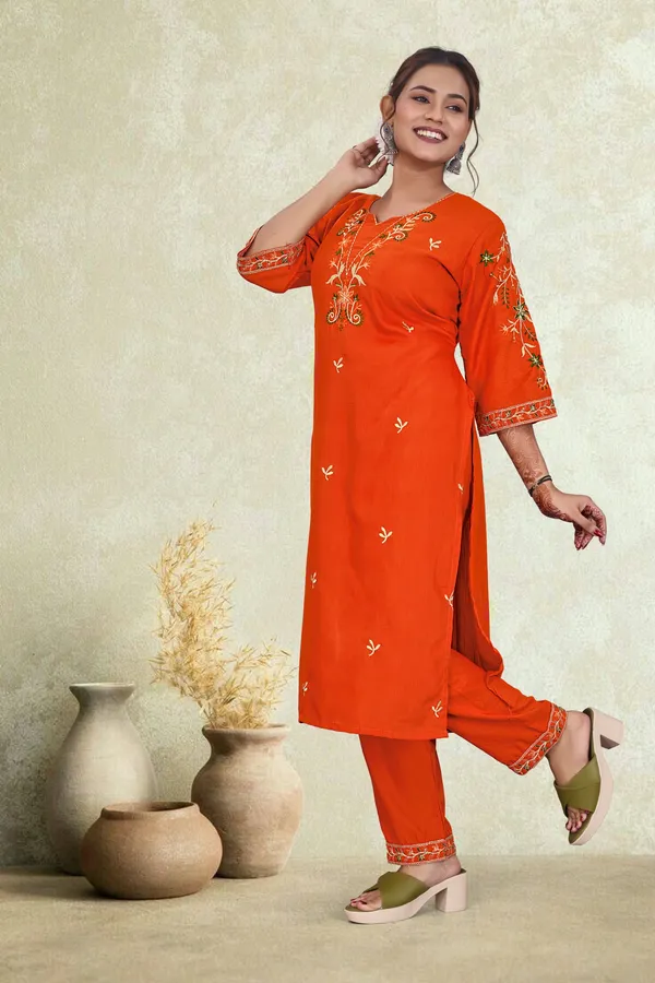 Orange_Cotton_Straight_Floral_Embroidered_Kurta_Pant_Set_For_Women