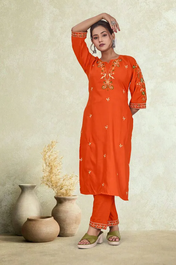 Orange_Cotton_Straight_Floral_Embroidered_Kurta_Pant_Set_For_Women
