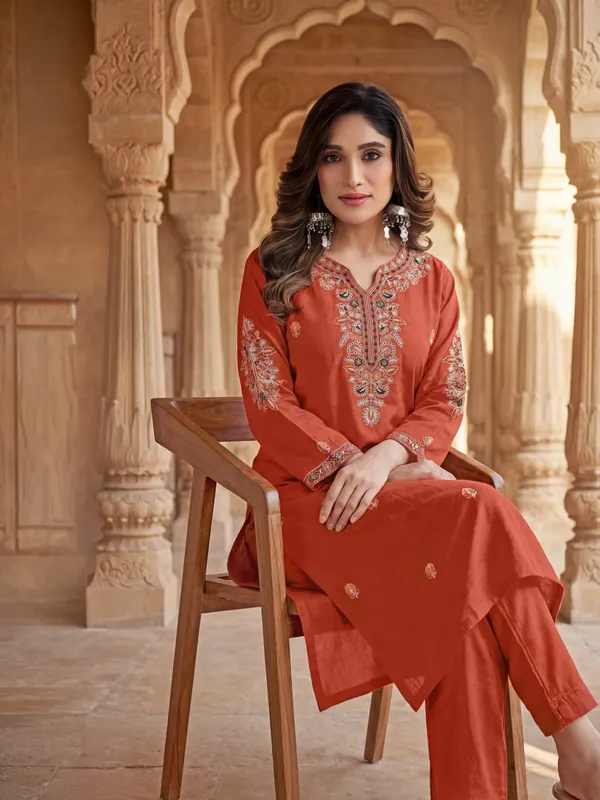 Orange_Rayon_Straight_Floral_Embroidered_Kurta_Set_For_Women