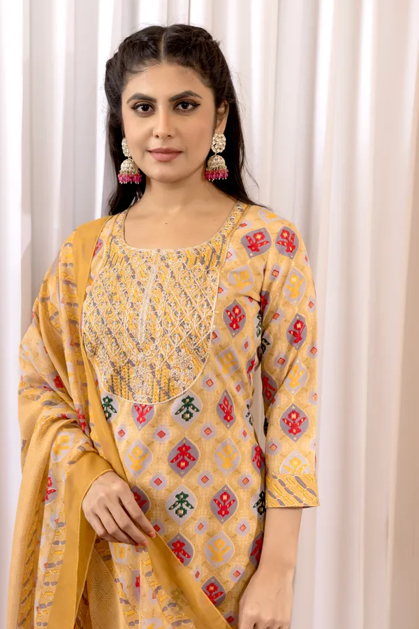 Mustard_Yellow_Cotton_Printed_Embroidered_Yoke_Kurta_Set_For_Women