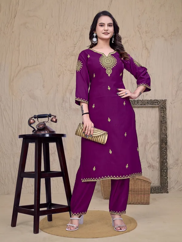 Purple_Rayon_Straight_Golden_Thread_Work_Embroidered_Kurta_Set_For_Women