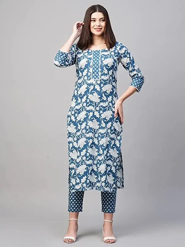 Sky_Blue_Cotton_Straight_Floral_Printed_Kurta_Pant_Set_For_Women