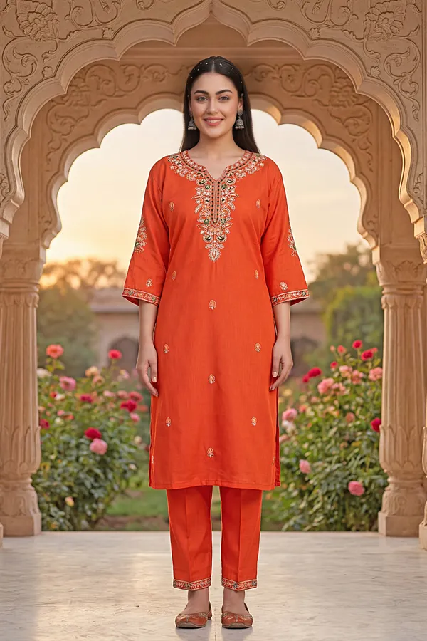 Orange_Rayon_Straight_Zari_Embroidered_Kurta_Pant_Set_For_Women