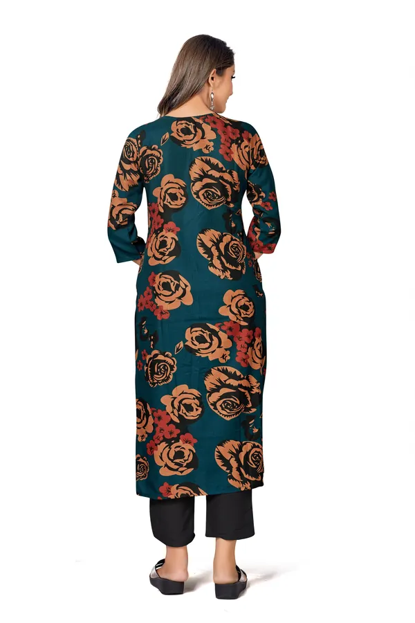 Teal_Cotton_Straight_Floral_Printed_Kurta_Black_Pant_Set_For_Women