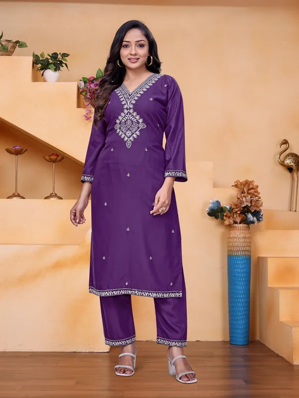 Purple_Rayon_Straight_White_Embroidered_Kurta_Pant_Set_For_Women